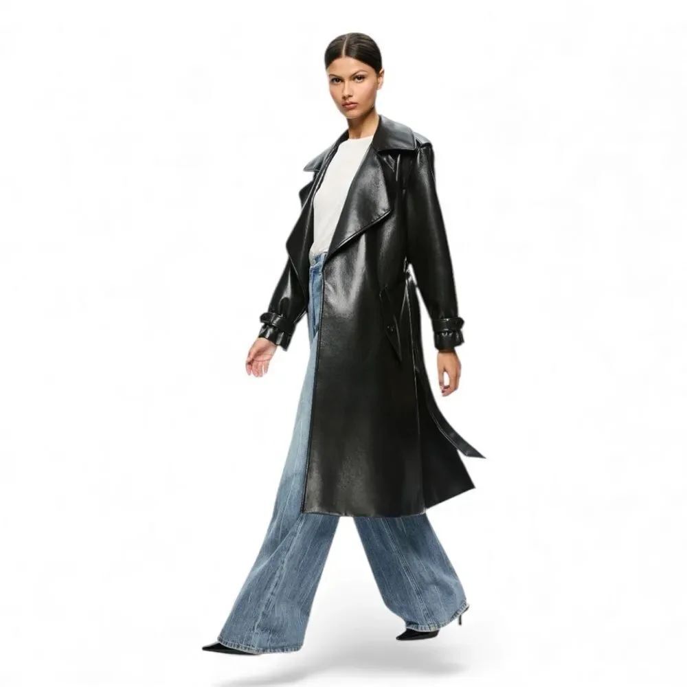 Alice + Olivia Nevada Vegan Trench in Black Vegan Leather
